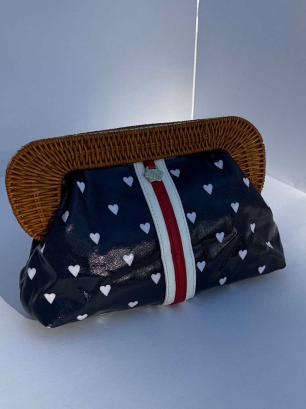 Draper James Navy Heart Wicker Handle Clutch Bag